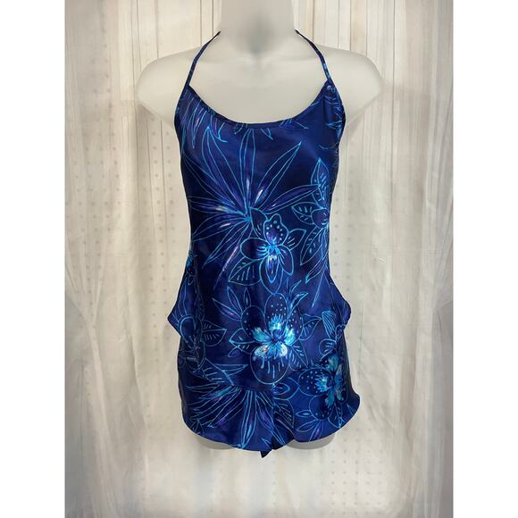 90s Y2K Vintage Secret Treasures Blue Floral Halter Babydoll Slip Shorts L 2 Pc - Picture 1 of 6